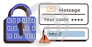 Digital Security with Lock, Authentication Code, and Warning Alert Icon for Online Protection