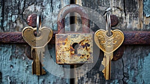 Locked padlocks, keys, and symbolic imagery portraying everlasting love and commitment