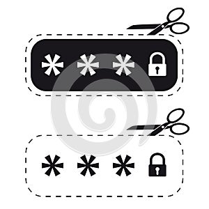 Locked Password Field - Cut Out Sticker With Scissor - Vector Icon Illustration - Isolated On White