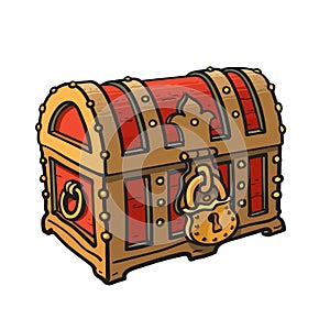 Locked pirate treasure chests with golden lock. Cartoon style hand drawn vector illustration isolated on white.