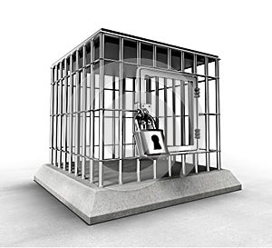Locked prison cage with heavy metal bars