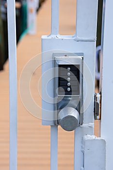 Locked private security gate door with pushbutton combination lock system
