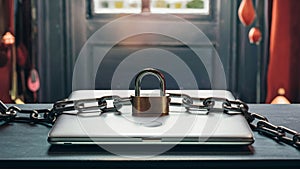 A locked and secure computer laptop under lock and chain metaphor