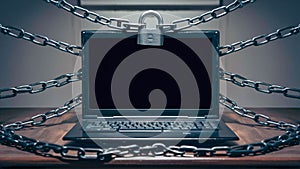 A locked and secure computer laptop under lock and chain metaphor