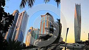 Locked-on shot of modern buildings at Dubai Marina, United Arab Emirates