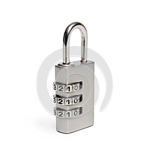 Locked silver padlock with code on the white background