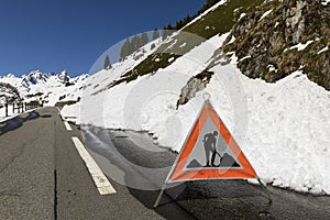 Locked Susten pass road in winter in the Alps in Switzerland