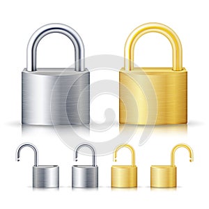 Locked And Unlocked Padlock Realistic Set Illustration. Gold And Steel. Security Concept. Metal Lock For Safety And Privacy