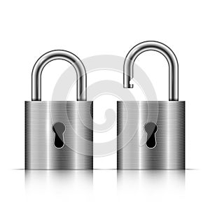 Locked and unlocked silver padlock isolated on white background, vector