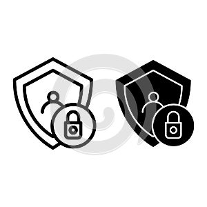 Locked user line and glyph icon. Account with shield vector illustration isolated on white. Human privacy outline style
