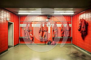 Locker room of a fire department with protection uniforms and helmets. Neural network AI generated