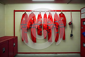 Locker room of a fire department with protection uniforms and helmets. Neural network AI generated