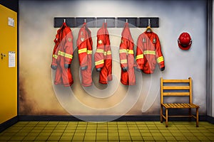Locker room of a fire department with protection uniforms and helmets. Neural network AI generated
