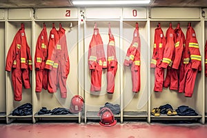 Locker room of a fire department with protection uniforms and helmets. Neural network AI generated