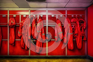 Locker room of a fire department with protection uniforms and helmets. Neural network AI generated