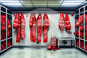 Locker room of a fire department with protection uniforms and helmets. Neural network AI generated