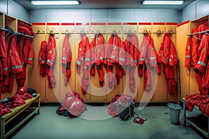 Locker room of a fire department with protection uniforms and helmets. Neural network AI generated