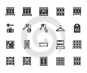 Locker room flat glyph icons set. Gym, school lockers, automatic left-luggage office, key tag vector illustrations photo