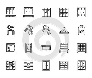 Locker room flat line icons set. Gym, school lockers, automatic left-luggage office, key tag vector illustrations photo