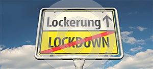 A German place-name sign with the word `LOCKDOWN` and the German word `Lockerung` ease photo