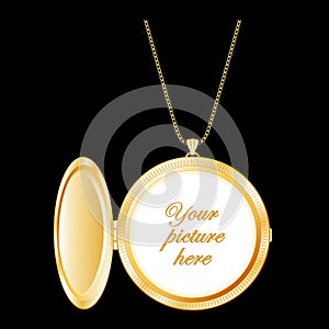 Locket, Vintage Round Gold Keepsake Jewelry, Necklace Chain, Copy Space, Black Background