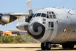 Lockheed C-130 Hercules cargo aircraft of the Belgian Air Force arriving at Zaragoza airbase. Zaragoza, Spain - May 20, 2016