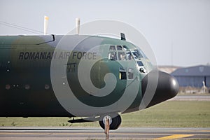 Lockheed C-130 Hercules military cargo plane of the Romanian Air Force on Henri Coanda International Airport