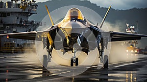 A Lockheed Martin F-35 Fighter Jet takes off of an aircraft carrier - generative AI