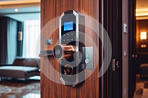 Locking smartlock on the entrance door using a smart phone remotely. Concept of using smart electronic locks with