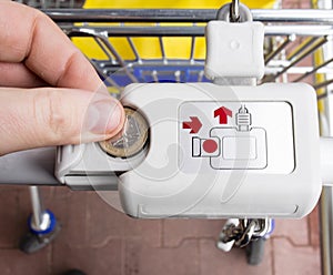 Locking and unlocking the supermarket trolley with one euro coin