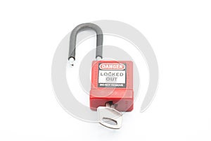 Lockout Padlock red color with key on isolated background