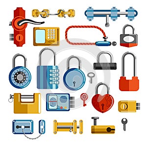 Locks and door handles isolated objects keys padlocks