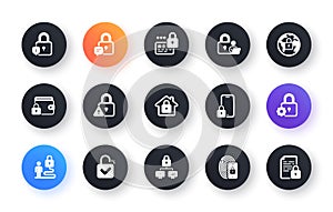 Locks icons. Fingerprint protection, Unlock code and Credit card password icons. Open padlock, Locked document. Vector