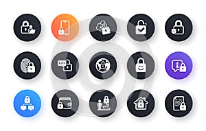 Locks icons. Fingerprint protection, Unlock code and Lock password icons. Open padlock, Locked document. Vector