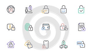 Locks line icons. Fingerprint protection, Unlock code and Lock password icons. Open padlock, Locked document. Vector