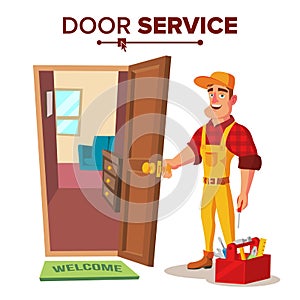 Locksmith Repairman Vector. Unlock The Door Service. Cartoon Character Illustration