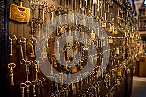 Locksmith\'s key shop filled with keychains in bunches