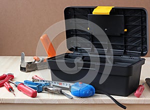Tools on a wooden table. workshop, tool box