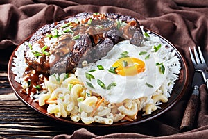 Loco moco on a clay plate, close-up