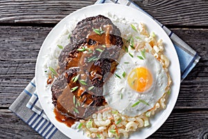Loco moco on a white plate, top view