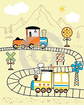 Locomotive cartoon vector on mountain background. Railway elements cartoon