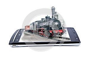 Locomotive on display smartphone. Collage