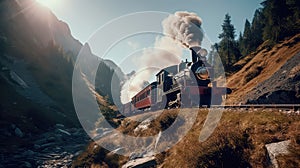 The locomotive moves through the picturesque landscapes of the Swiss Alps. Generative AI