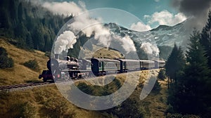 The locomotive moves through the picturesque landscapes of the Swiss Alps. Generative AI photo