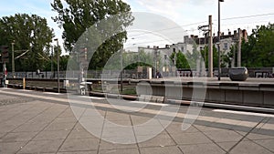 Locomotive passing Train Station in Berlin. Speeding Train Locomotive