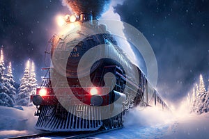 Locomotive with Polar Express Train with brightly lit headlights rides by rail