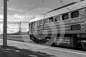 Locomotive at the railway station black and white photo