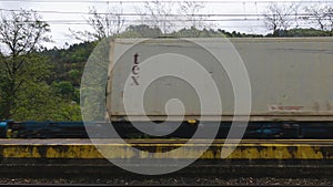 Locomotive of the Renfe company pulling freight wagons