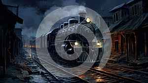 Locomotive steam train rolling through a ghost town at night, engine