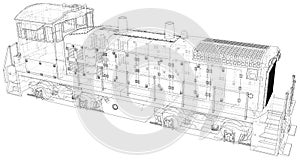 Locomotive, Train. EPS10 format. Wire-frame Vector created of 3d